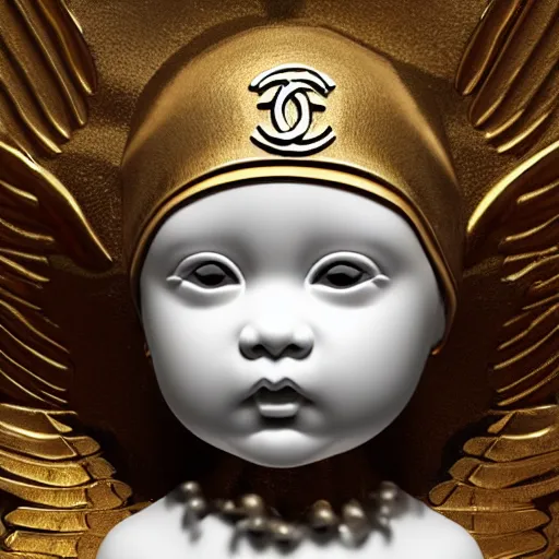 Image similar to a high tech 3 d rendering of a a baby cherub angel wearing a balaclava mask, ski mask, face covered, covered face, fixed eyes, gucci, supreme, chanel, tattoos, multiple gold cuban chain necklace, graffiti in background, cinema 4 d render