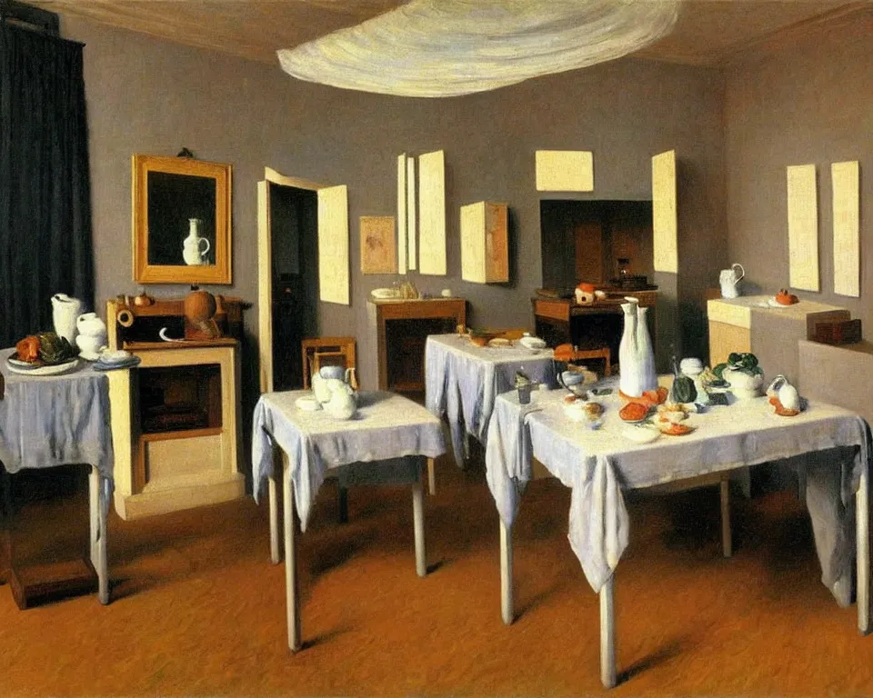 Image similar to achingly beautiful painting of a sophisticated, well - decorated kitchen by rene magritte, monet, and turner.