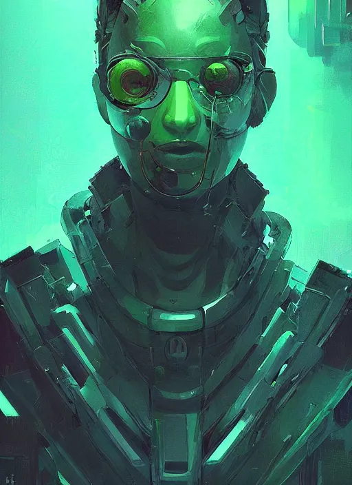 Prompt: concept art close up green cyberpunk character, by shinji aramaki, by christopher balaskas, by krenz cushart