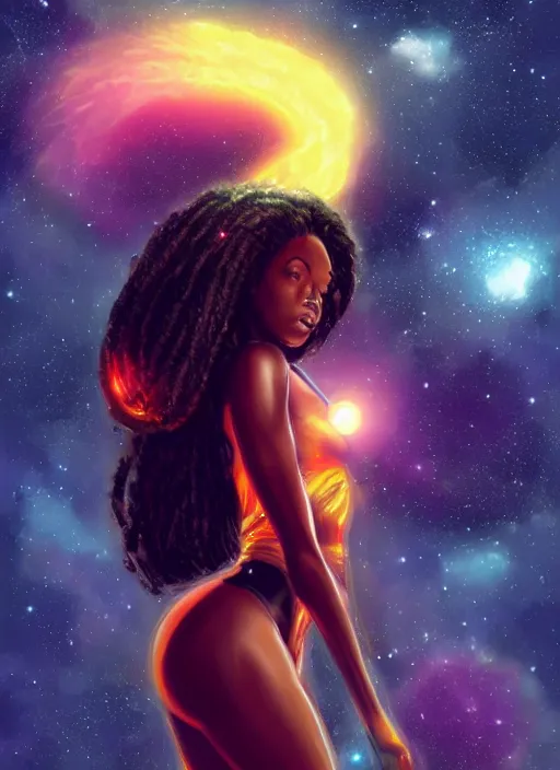 Image similar to beautiful black woman in an advanced spacesuit in front of exploding nebulae halos, digital illustration trending on artstation by artgerm and rutkowski