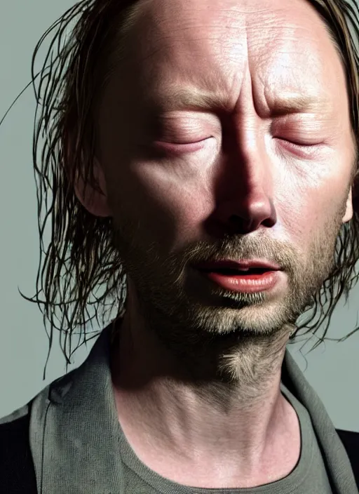 Prompt: A hyper realistic ultra realistic photograph of Thom Yorke with no eyes detailed photorealistic imagery 8k