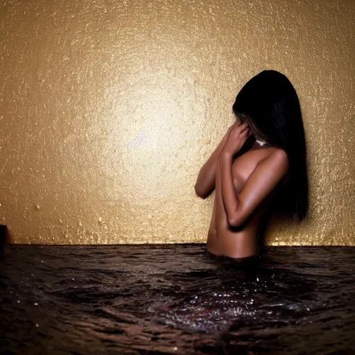 Prompt: girl completely cover in dark oil emerging from golden bath