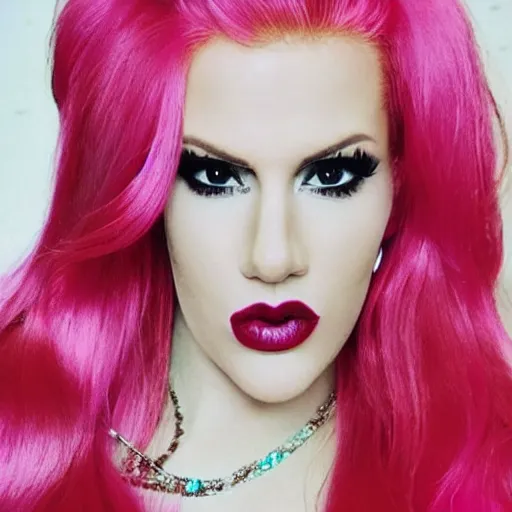 Prompt: photo of jeffree star in the 2 0 0 0 s with pink red hair looking in a pink rhinestone mirror