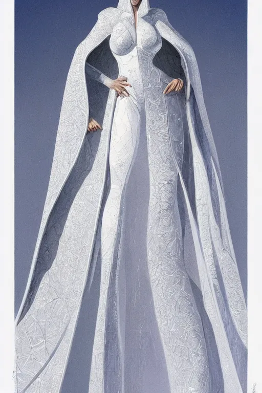 Image similar to detailed beautiful noun in opened white gold blue coat, seductive confident pose, attractive feminine curves, intricate details, futuristic, alien, elegant cape, elegant, photorealism, trending on artstation, holy halo, advanced technology, art by moebius and vitaly bulgarov and chanthara