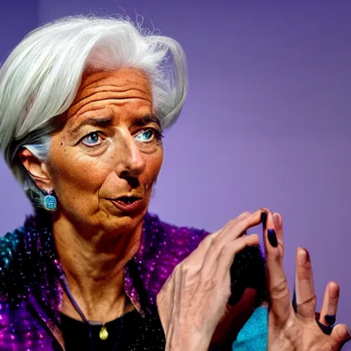 Image similar to Christine Lagarde with colorful clown makeup all over her face