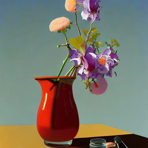 Image similar to an achingly beautiful still life featuring blooming flowers, tillamook cheese, and red wine , very coherent, painted by Edward Hopper, Wayne Barlowe, painted by James Gilleard, airbrush, art by JamesJean