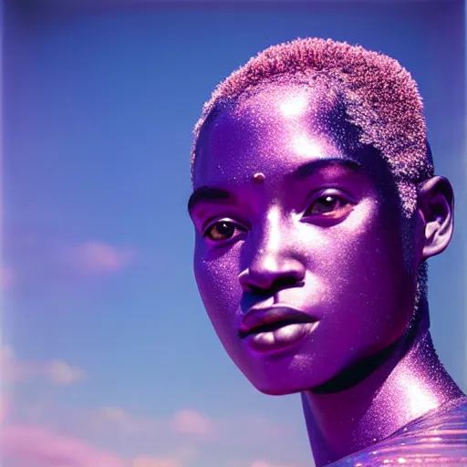 Image similar to portrait of metallic face, african woman, iridescent reflections, smooth, proud looking away, outdoor, blue sky, 8 k, realistic, depth of field, highly detailed, award winning photography, by richard mosse