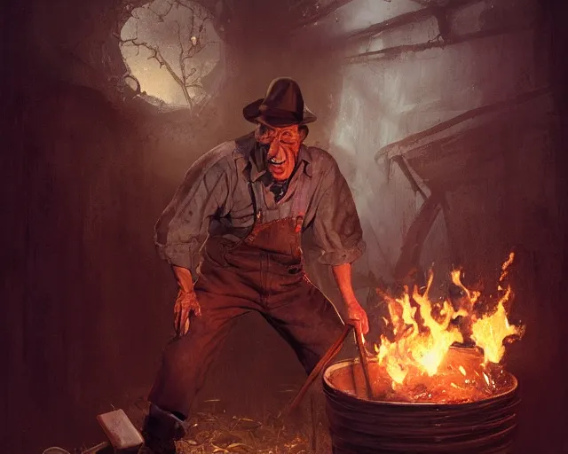 Image similar to jim varney as ernest p worrell, overalls, pushing a wheel barrow halloween night, by greg rutkowski and frank frazetta, intricate, artstation, cinematic, style of magic : the gathering