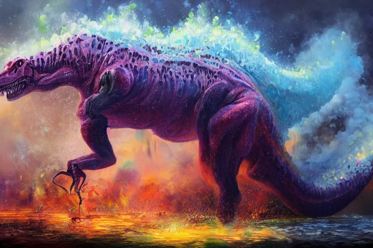 Prompt: highly detailed oil painting of a tyrannosaurus rex in a steaming colorful hotspring, featured on artstation