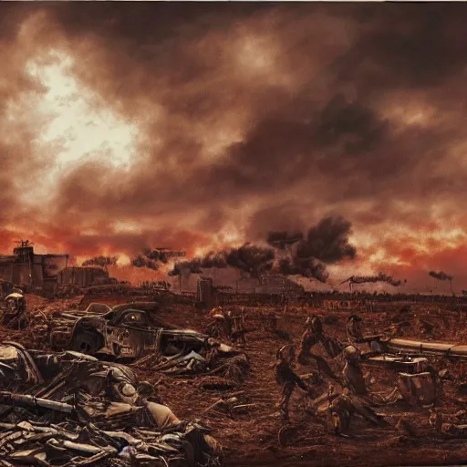 Prompt: hyper realism, realistic apocalyptic war scene, brown and red tones