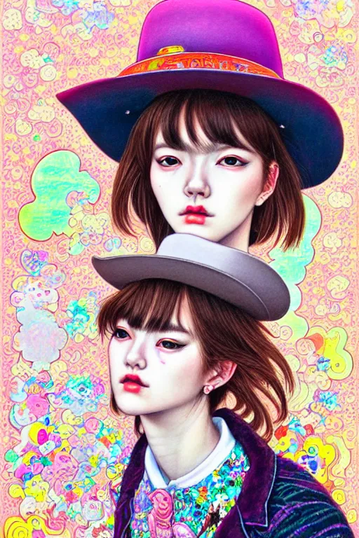 Prompt: girl wearing cowboy hat, style of yoshii chie and hikari shimoda and martine johanna, highly detailed