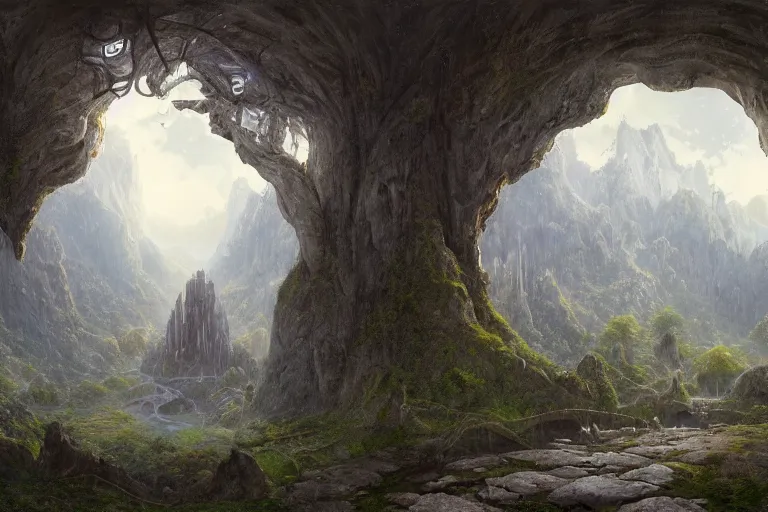 Image similar to Rivendell Himeji hallucination, mazing concept painting, by Jessica Rossier A gleaming white opera hall fortress overlooks a fertile valley, brutalist deak ferrand Jean-pierre Ugarte bases, garden of eden, by HR giger by Beksinski,