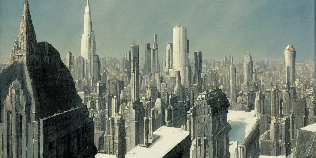 Prompt: a sprawling white fantastical city on the edge of a black hole, painted by francois schuiten and moebius and vilhelm hammershøi