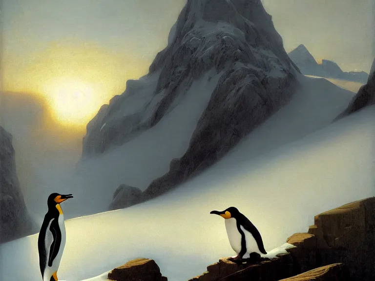 Image similar to an oil painting of a penguin and a misty glacier at dawn. by tuomas korpi and carl spitzweg. baroque elements. intricate artwork by caravaggio. oil painting. oil on canvas. award winning. dramatic. trending on artstation. 8 k