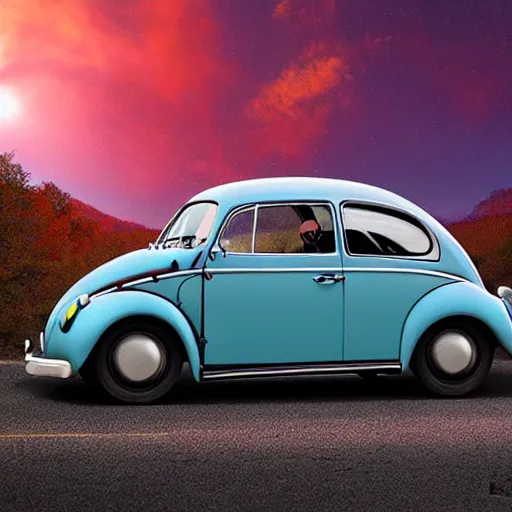 Image similar to promotional scifi - mystery movie scene of a real ladybug that is a hybrid with a ( volkswagen beatle ) hybrid, flying down a dusty back - road in smokey mountains tennessee. cinematic, 4 k, imax, 7 0 mm, muted dramtic color, hdr