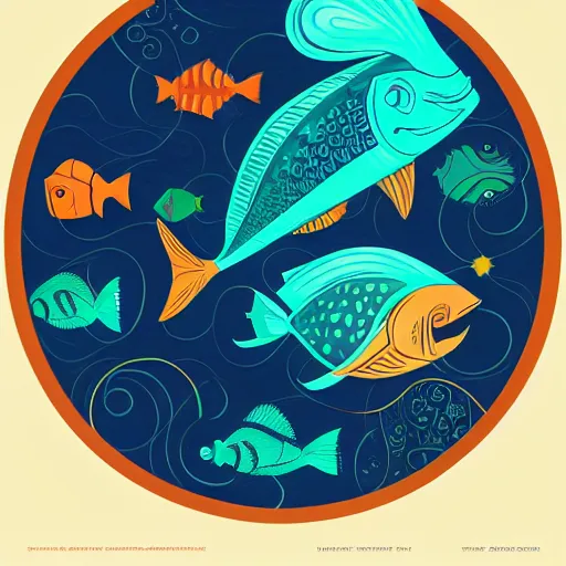 Image similar to one stylized fish in center of view, viewed in profile, dark ocean, complex patterns, artstation, intricate, realistic, highly detailed, digital painting, concept art, sharp focus, illustration by tom whalen and charles williams and kilian eng and james jean