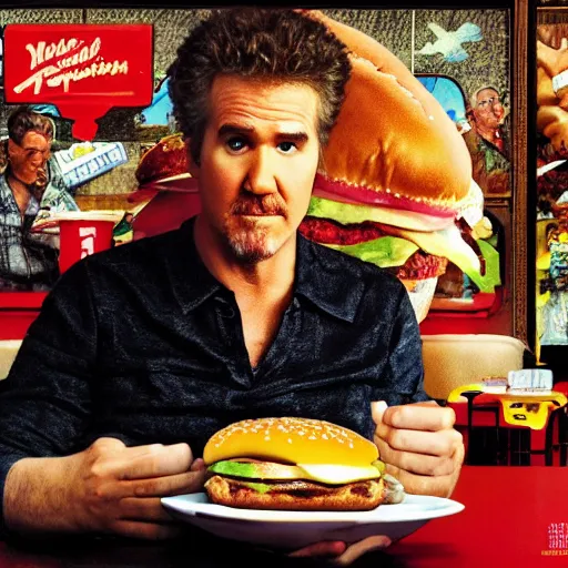 Prompt: will farrell eating a massive big mac hamburger, extra pickles and onions, ultra detailed, style of norman rockwell, style of richard corben, 4 k, rule of thirds.