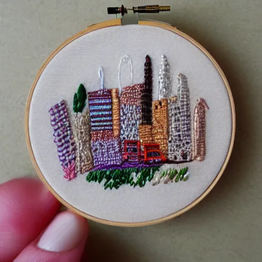 Prompt: a tiny beautiful handmade embroidery of a city. hand embroidery.