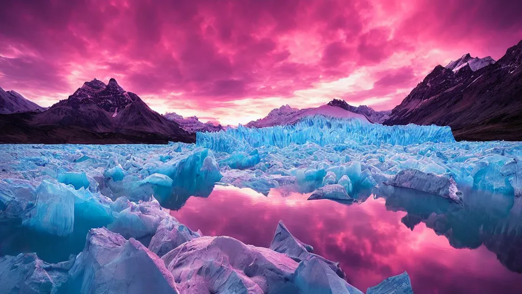 Image similar to amazing landscape photo of a pink glacier with lake in sunset by marc adamus, beautiful dramatic lighting