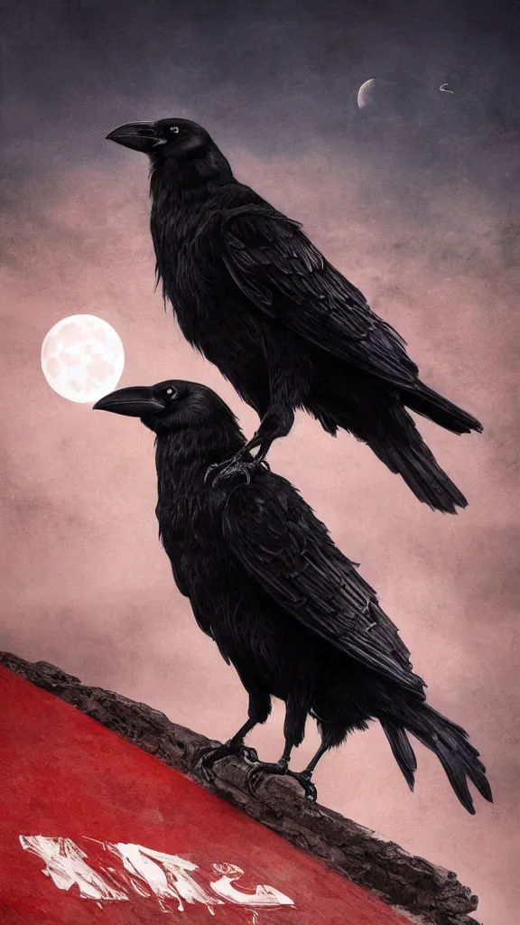 Image similar to portrait, a crow in front of the full big moon, book cover, red white and black colors, establishing shot, extremly high detail, foto realistic, cinematic lighting, by Yoshitaka Amano, Ruan Jia, Kentaro Miura, Artgerm, post processed, concept art, artstation, matte painting, style by eddie mendoza, raphael lacoste, alex ross