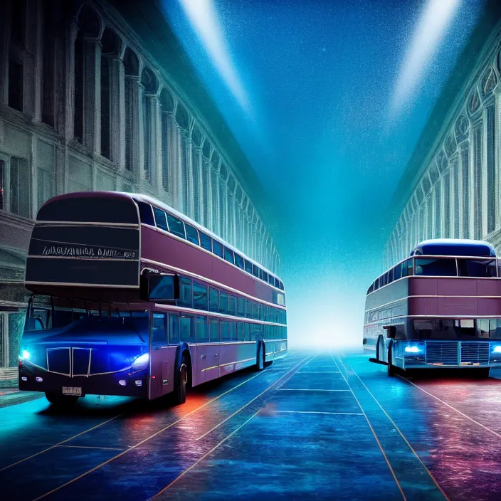 Prompt: hyper realistic, high detail photo of atlantis bus, underwater, lights on buildings, beautiful, dreary lighting