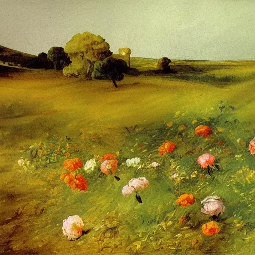 Image similar to oil painting of flowers on meadow, bright romanticism by goya