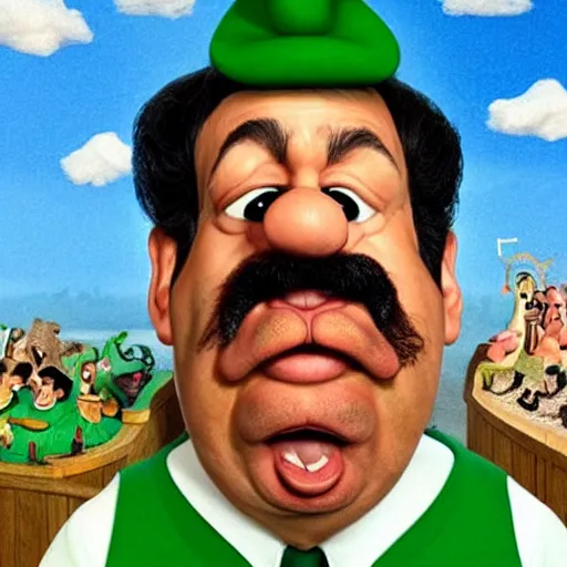 Image similar to beautifully rendered masterpiece, portrait, caricature, claymation, luis guzman as luigi making absurd silly looking faces,