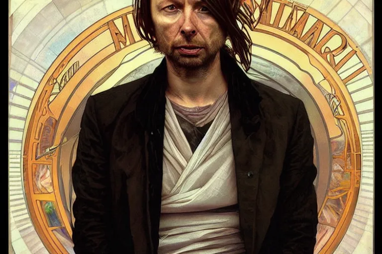 Image similar to hyper realistic portrait of wider face thom yorke on stage, by lee bermejo, alphonse mucha and greg rutkowski