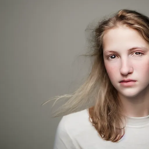 Image similar to portrait of a beautiful young woman, front view. casual clothing. studio photo by annie leibovitz.