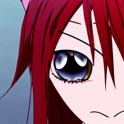 Prompt: big hyperdetailed red eyes anime girl cat ears beautiful face deviantart by aramaki shinji 8k hd hyperreality