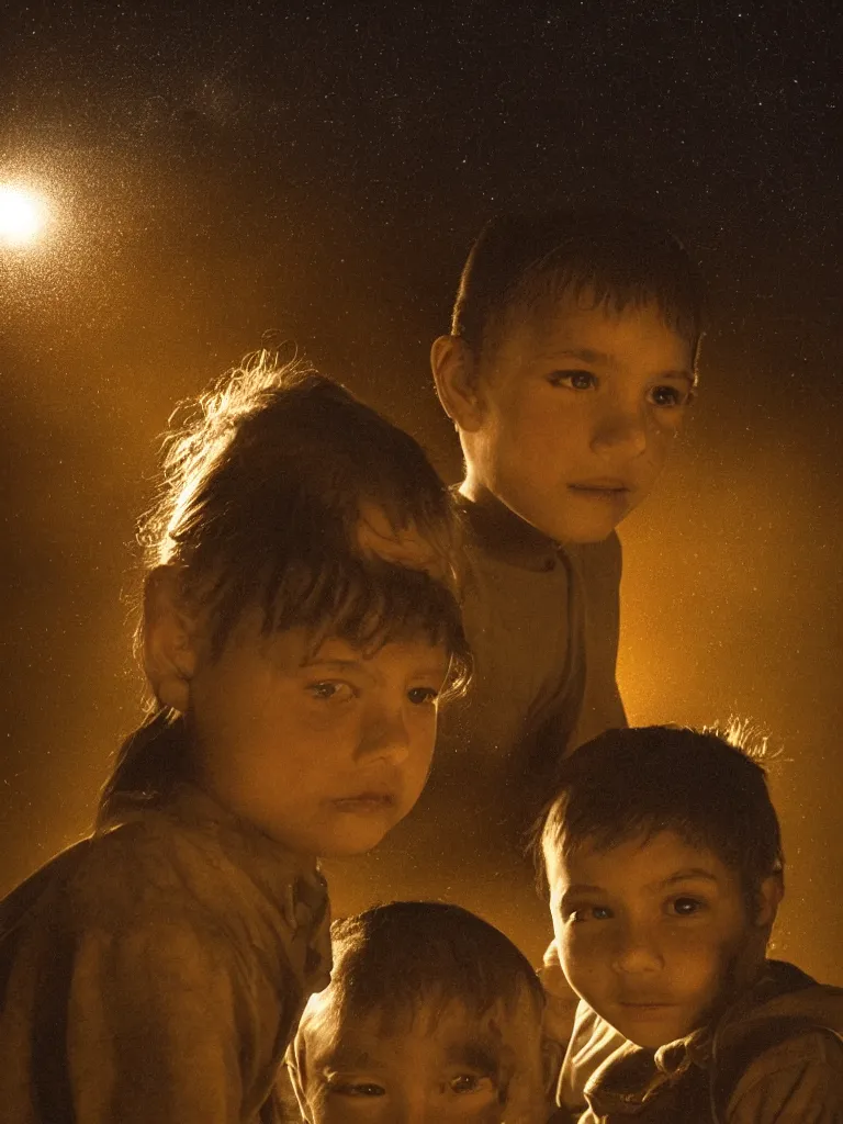 Image similar to backlit portrait of 2 kids at night, by cristobal toral, manuel lopez villasenor, high definition, intricate details, atmospheric, vegetation, small town