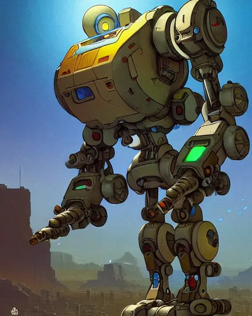 Image similar to bastion the friendly robot from overwatch, with his pet bird, character portrait, portrait, close up, concept art, intricate details, highly detailed, vintage sci - fi poster, retro future, in the style of chris foss, rodger dean, moebius, michael whelan, katsuhiro otomo, and gustave dore