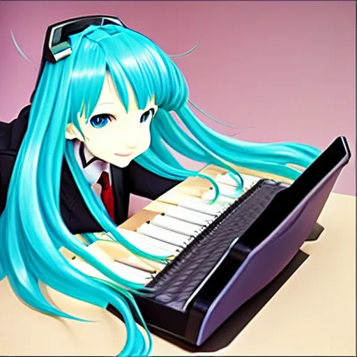 Prompt: hatsune miku using computer, smug face, painting by by ralph grady james, jean christian biville