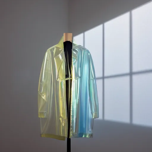 Image similar to an ultra high definition professional studio quality photograph of a transparent iridescent perspex pastel coloured raincoat sculpture on white coat hook in an empty white room. dramatic lighting, ray tracing, refraction, shallow d. o. f, colour corrected, golden ratio, three point light. volumetric shadows. god rays.