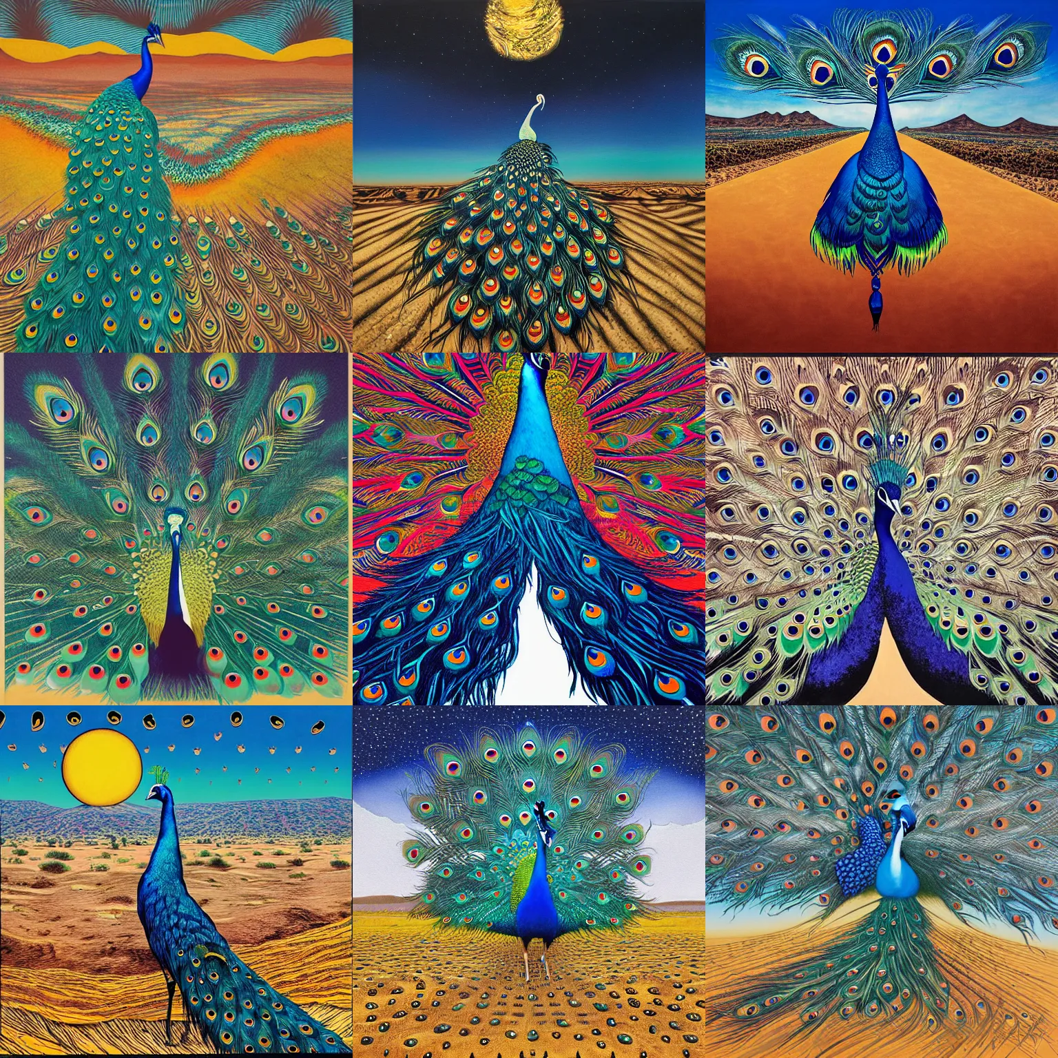 Prompt: peacock in the desert, painting, album cover, poster, highly detailed, by stanley donwood