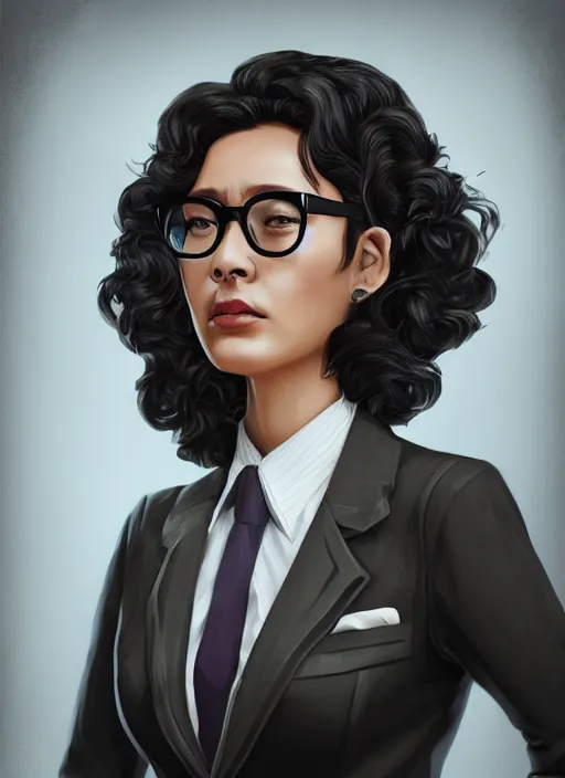 Prompt: hearts of iron 4 leader portrait of south east asian woman with curly hair and square glasses, black suit and tie, democratic, trending on artstation, highly detailed, character portrait, ylva ljungqvist, custom portraits, paradox interactive