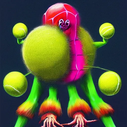 Prompt: a tennis ball monsters ,spider, colorful, digital art, fantasy, magic, trending on artstation, ultra detailed, professional illustration by Basil Gogos