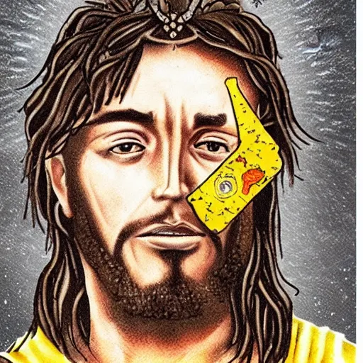 Prompt: jesus as a rapper, tattoos on face, golden chains, swag, crisps