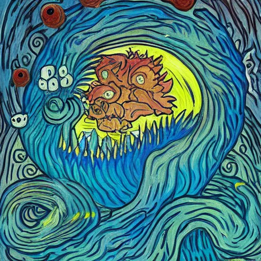 Image similar to whimsical silly detailed painting of a terrifying demon, in the style of studio ghibli and moebius and claude monet and vincent van gogh