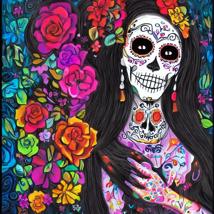 Image similar to a smiling girl with long black, her paint painted as dia de los muertos, by alozuniga. digital draw, digital art, trending on instagram, digital painting.