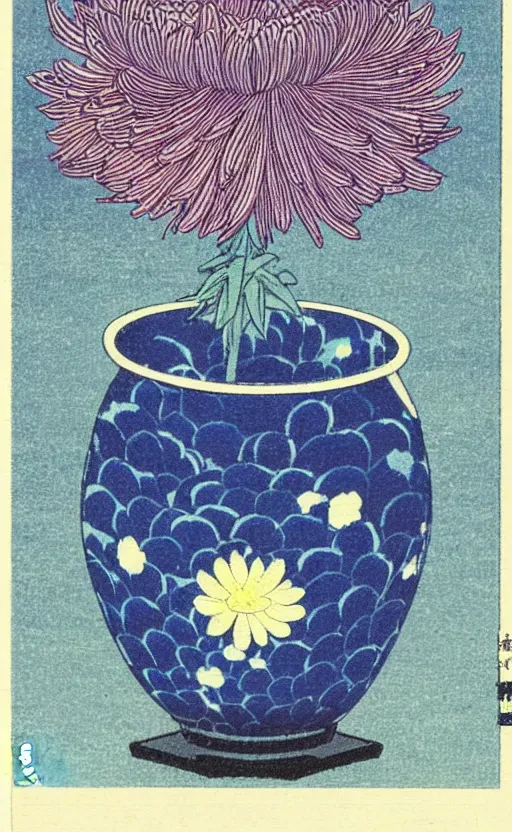 Prompt: by akio watanabe, manga art, a chrysanthemum flower inside a blue sake cup, cup is not vase, trading card front