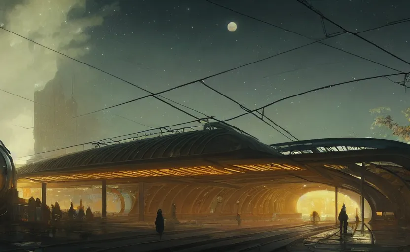 Image similar to exterior shot of utopian train station on the edge of the space with cinematic lighting by renzo piano, darek zabrocki and greg ruthkowski, alphonse mucha, simon stalenhag, cinematic, holy place, paradise, scifi, futurism, atmospheric, concept art, artstation, trending on artstation