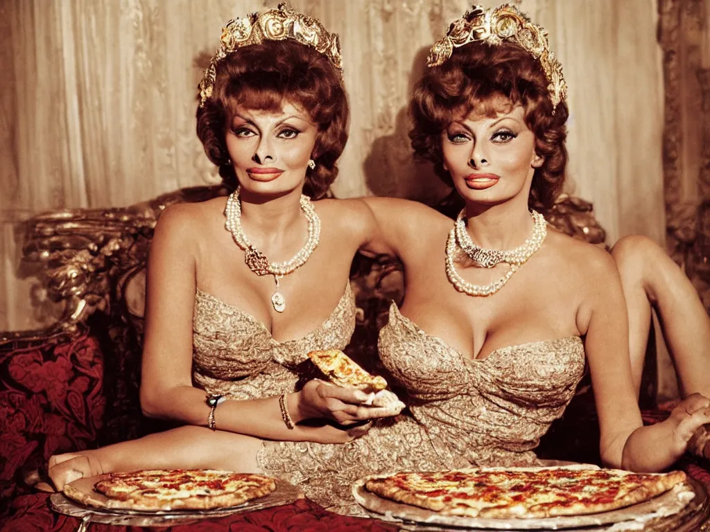 Prompt: photo of sophia loren, young, relaxed pose, antique luxury sofa, holding pizza, eating pizza, sharing pizza, intricate ornamented tiara, opulent pearl necklace, laced dress, golden lighting, sharp focus, masterpiece, extremely coherent, by eolo perfido