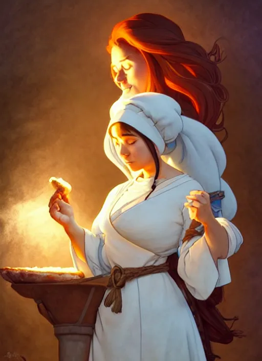 Image similar to focused medieval chef baking bread natural lighting, path traced, highly detailed, high quality, digital painting, by don bluth and ross tran and studio ghibli and alphonse mucha, artgerm