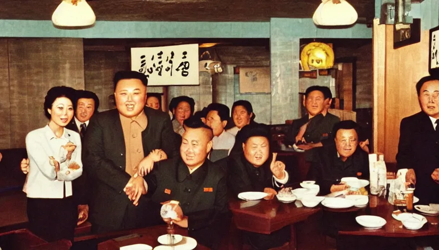 Prompt: 70s movie still of north korean restaurant with kim il-sung portrait, eastmancolor, heavy grain, high quality, higly detailed