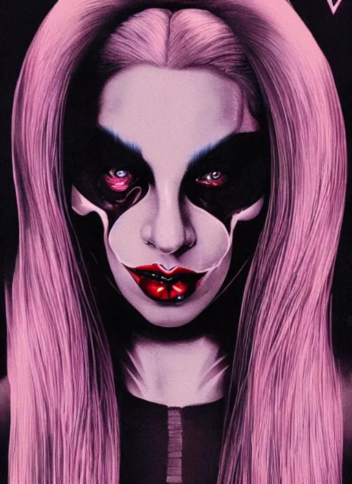 Image similar to beautiful lady gaga as harley quinn, horror, high details, intricate details, by vincent di fate, artgerm julie bell beeple, 1 9 8 0 s, inking, vintage 8 0 s print, screen print