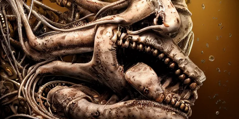 Prompt: A photorealistic sculpture designed by H.R. Giger of Photorealistic biomechanical a esophagus woman alien encased in transparent mucus on the bottom of a dark murky seafloor screaming into the camera + random creepy spider parts and black human jaw bones with golden ratio compositional elements. Shot on color film by blade runner Cinematographer Jordan Cronenweth next to the titanic wreckage illuminated over head by submarine lights surrounded with volumetric haze and murky water with a 9.8mm lens in the style of blade runner shot on color film