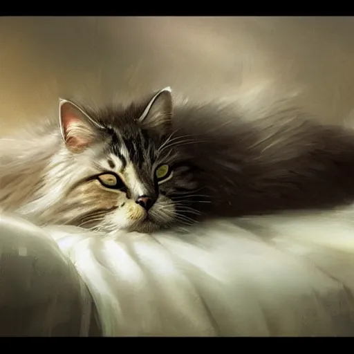 Image similar to cinematic view fluffy beutiful cat sleeping on the couch digital painting, artstation, concept art, soft light, hdri, smooth, sharp focus, illustration, fantasy, intricate, elegant, highly detailed, D&D, matte painting, in the style of Greg Rutkowski and Alphonse Mucha and artemisia, 8k, highly detailed, jurgens, rutkowski, bouguereau, pastoral, rustic, georgic