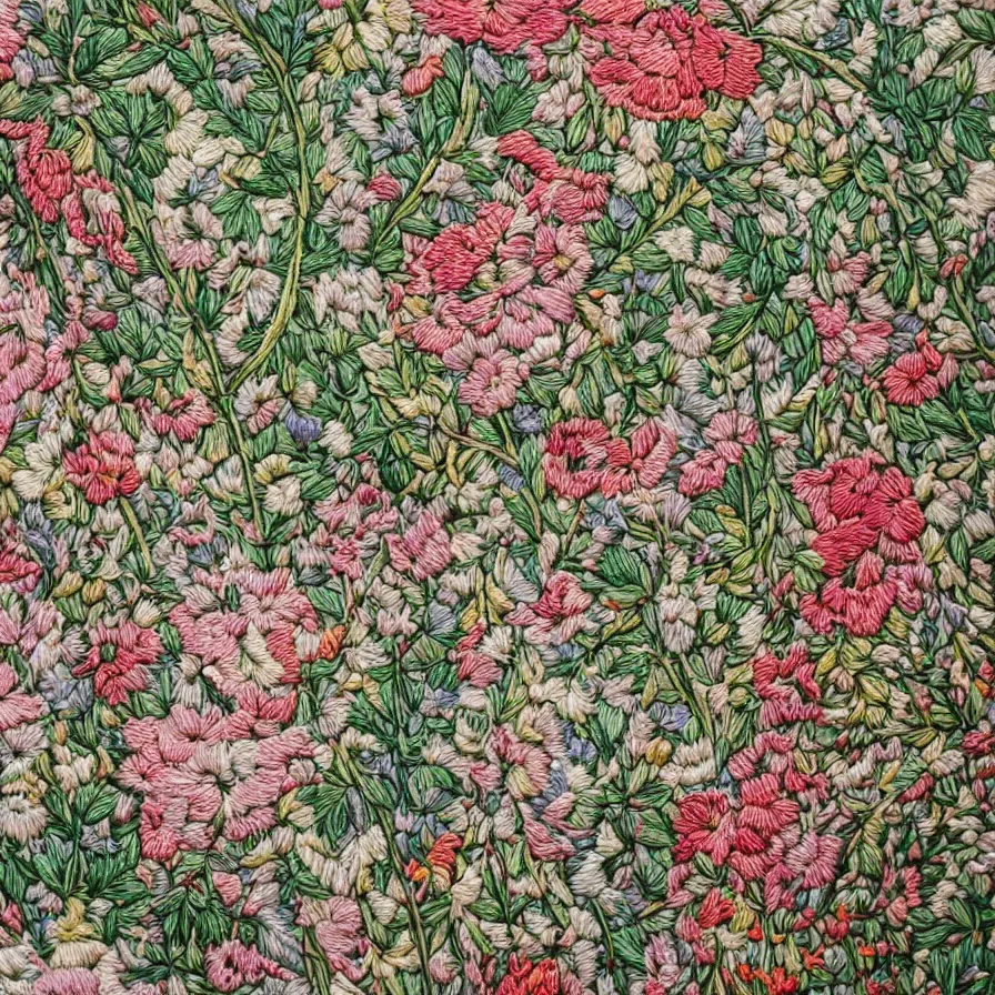 Image similar to a close up view of a wall with flowers on it, a detailed painting by master of the embroidered foliage, featured on behance, arts and crafts movement, intricate, ornate, made of flowers