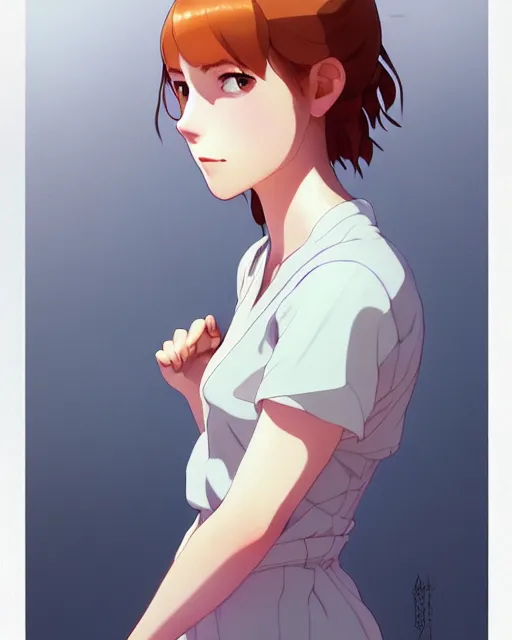 Image similar to young southern woman, freckle, ginger hair, sad cerulean eyes, simple cream dress, detailed perfect face, mid view, by artgerm, by studio muti, greg rutkowski makoto shinkai takashi takeuchi studio ghibli